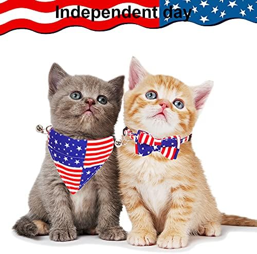 אדוגיגו אמריקאי דגל חתול צווארון בנדנה, 4 ביולי הבדלני חתול חתלתול קולרים עם נשלף עניבת פרפר בנדנה פטריוטית צווארון עבור חתול חתלתול