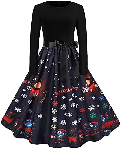 2022 שמלות קוקטייל לחג המולד שמלת מסיבת שרוול ארוך לנשים שורה חג המולד פתית שלג הדפס MIDI SWOWN שמלת נשף שמלת נשף