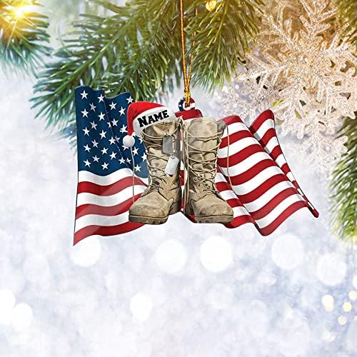 שם מותאם אישית של חייל צבא מגפיים ותיקים אמריקה דגל ארהב דגל עץ חג המולד עיצוב עיצוב צלול פלסטיק מקשטול תלויה בית נוכח חג המולד ערב שמור