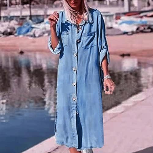 שמלת אביב וקיץ ג'נרי לנשים 2023 צבע אחיד אמצע המותן רופף שמלה רופפת רחוב כותנה ג'ינס שמלה כחולה