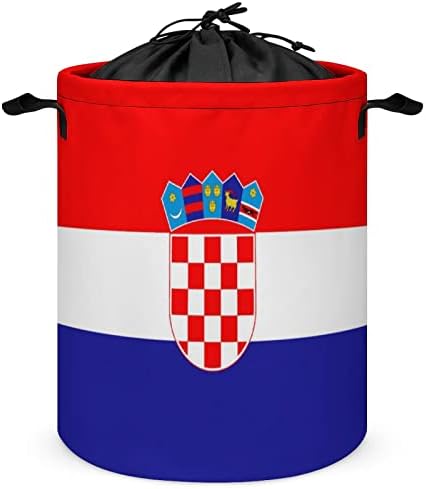 קרואטיה דגל סל כביסה עגול מתקפל סל כביסה דלי אחסון אחסון תיבת עם חבל ידית