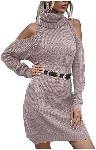 נשים גבוהה צווארון סרוג ארוך שרוול בודיקון סוודר שמלת מצולע דק מתאים לסרוג מידי שמלה עם חגורה