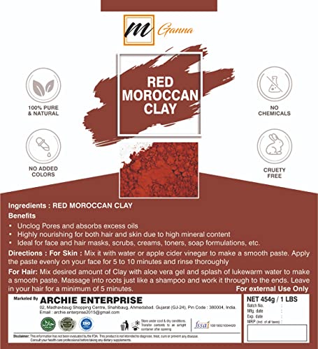 מגאנה אבקת חימר אדומה מרוקאית טבעית לאנטי אייג ' ינג ומיצוק עור, מסכות שיער, קרצוף, קרמים וסבון להכנת 1 פאונד / 454 גרם