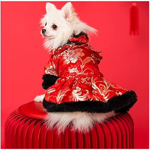 שמלות כלבים סיניות חמות לכלבים קטנים בינוניים ילדה עם תחרה קשת שנה חדשה ערב נסיכה כלב בגדי כלב שמלת כלה כלב חיות מחמד חורף מעיל מסיבות