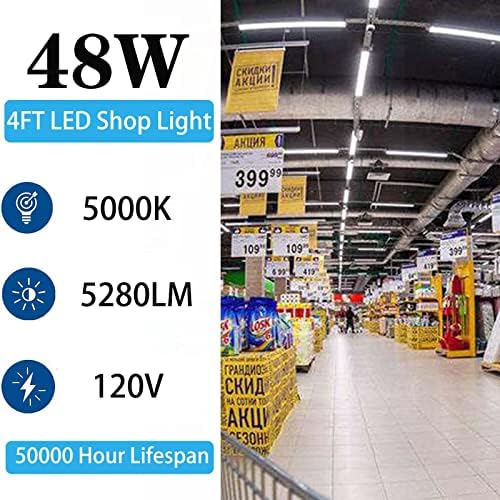 32 חבילה 4ft 48W LED Shop Light עבור מוסך סדנאות, תאורת תקרת LED, תקע תור תואר שירות לקישור, 5000K קריר לבן, 5280 ליטר, עדשה חלבית, שרשרת