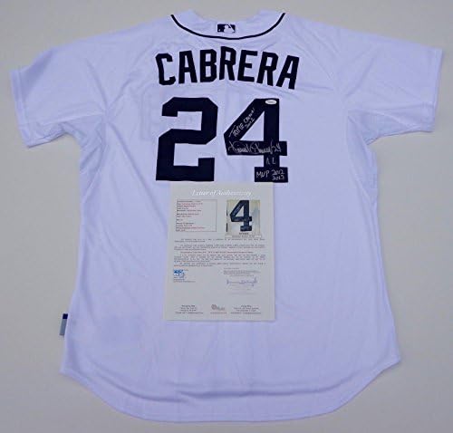 מיגל קבררה חתום על נמרים ג'רזי עם כתר משולש וכתובות MVP JSA LOA - גופיות MLB עם חתימה