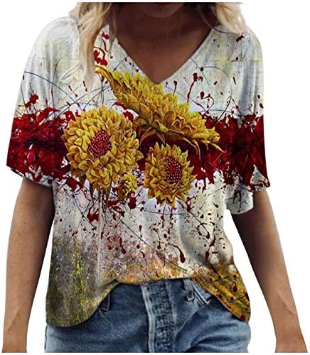 חולצת טי קיץ לנשים עניבת אופנה צבע חולצות מודפסות פרחוניות V