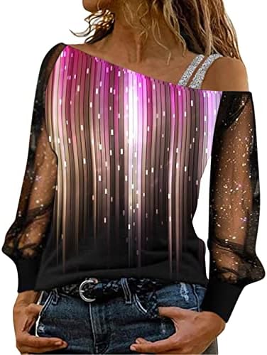 רשת סקסית שרוול ארוך שרוול קר חולצות T לנשים חולצות טוניקה להדפיס נצנצים כתף טל אסימטרית מזדמנת לבוש