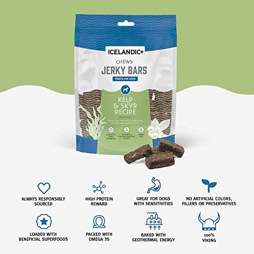 איסלנדי+ פלוס חטיפי קופצים לעיסה אצות, Skyr & אוכמניות כלבים פינוקים 2.5 גרם תיק