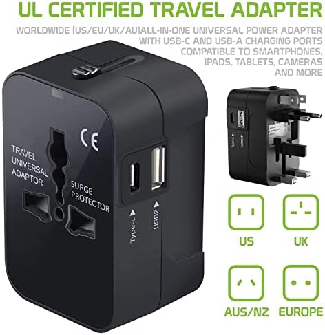 Travel USB פלוס מתאם כוח בינלאומי תואם ל- Alcatel 5038X עבור כוח ברחבי העולם לשלושה מכשירים USB Typec, USB-A לנסוע בין ארהב/האיחוד האירופי/AUS/NZ/UK/CN