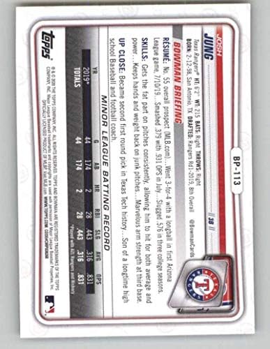 2020 פרוספקטים של באומן CAMO BP-113 ג'וש יונג RC טירון טקסס ריינג'רס כרטיס מסחר בייסבול MLB