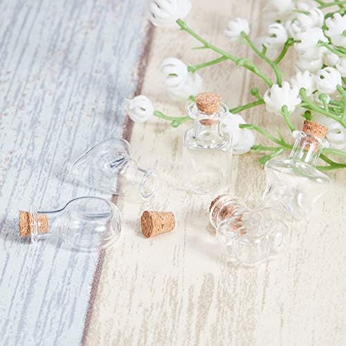 Sunnyclue 20 יחידות 5 סגנונות מיני זכוכית משאלה בקבוקים זעירים כוכב מגף קובואיד בקבוק זכוכית עגול שטוח עם פקק פקק עץ לחתונה מתנה ליום