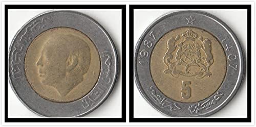 מטבע דירוק מרוקו 5 אפריקה מהדורה משנת 1987 מטבע מטבע מתכת דו-צבעי מטבעות דו צבעים מטבעות משובצות