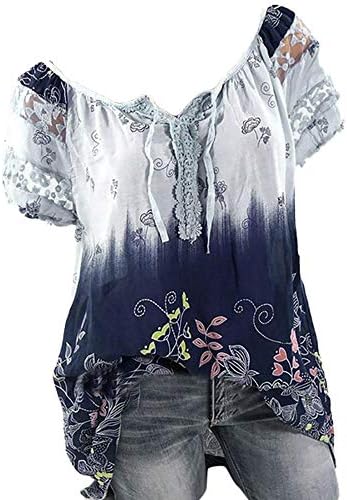 נשים 2023 חולצות טריקו מזדמנים קיץ שחבור תחרה V צוואר צוואר שרוול קצר חולצה נוחה חולצה אלגנטית טייס פרחים אלגנטית