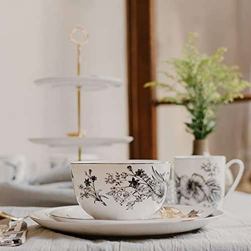Koken - כלי אוכל 16 חתיכות סט עצם עדין סין עם עיצוב - אוסף פרחים בוטני - שחור ולבן עם טבעת זהב - אידיאלי לאירועים מיוחדים או כל יום