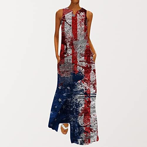 שמלות יום עצמאות לנשים נ 'צוואר ללא שרוולים דגל אמריקאי הדפס מקסי שמלת טנק מזדמן עם כיסים