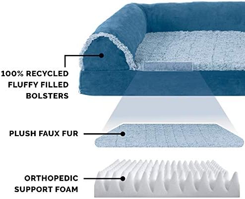 מיטת כלב אורטופדית בינונית פרווה מלאכותית דו-גונית ושזיל בצורת זמש עם כיסוי רחיץ נשלף-כחול ימי, בינוני