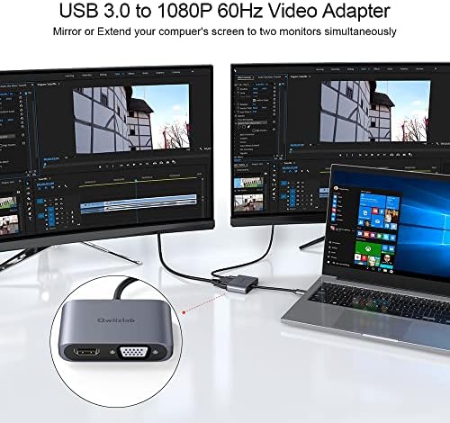 QWIIZLAB USB 3.0 ל- HDMI VGA מתאם, 1080p@60Hz ממיר וידאו, תומך ב- Windows 7/8/10/11 בלבד, USB-A יציאת נתונים