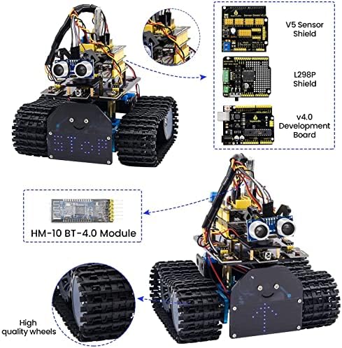 Keyestudio Mini Tank Robot v2 ערכת מכוניות חכמה לארדואינו, IR אינפרא אדום ושלט רחוק של אפליקציה, אור ואולטרה סא קולית, פאנל LED 8x16,