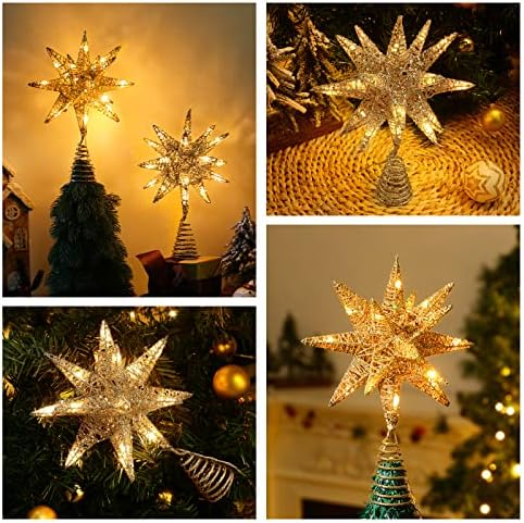 טופר עץ כוכב חג המולד של Lewondr, כוכב גיאומטרי תלת מימדי מונע סוללה כוכב צמרת צמרת דקורטיבי עם חרוזי אור LED למסורת חג המולד של חג המולד,