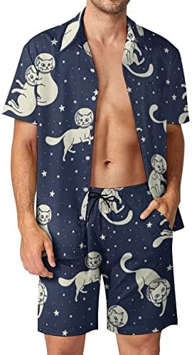 אסטרונאוטים של חתול קוסמי תלבושות חוף לגברים 2 חלקים כפתור הוואי למטה חולצה עם שרוול קצר וחליפות מכנסיים קצרים