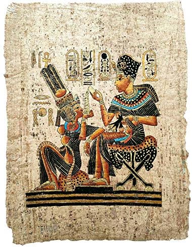 תות אנק אמון עם אשה שלה על עתיק פפירוס מצרי עתיק פפירוס מקורי וצבוע ביד במצרים 33 x 43 סמ