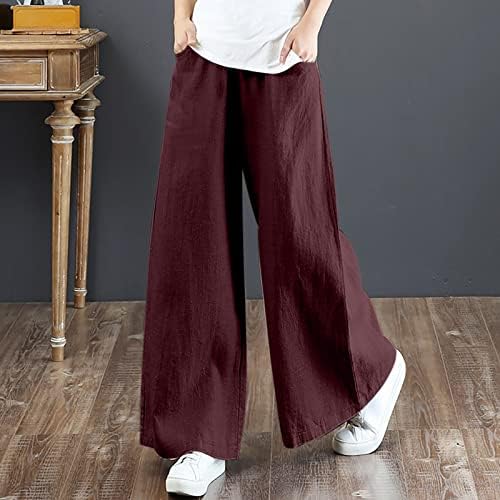 מכנסי פשתן לנשים אלסטיים בעלי מותניים גבוהים מכנסיים רגל רחבה מזדמנים מכנסי טרקלין פאלאצו עם כיסים