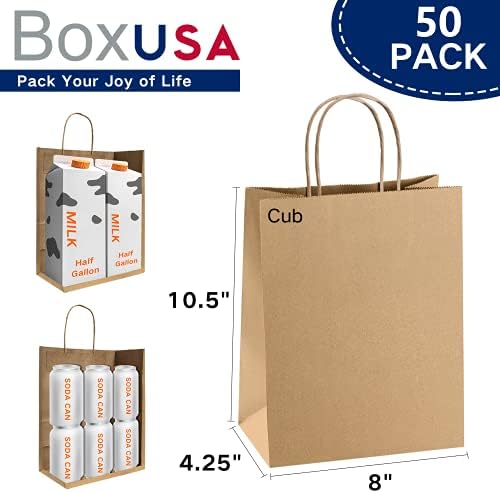 תיקי מלאכה של Boxusa עם ידיות 5.25x3.75x8 אינץ '50 יחידות שקיות נייר חומות, שקיות נייר מתנה בתפזורת, שקיות נייר קראפט, שקיות קניות, שקיות