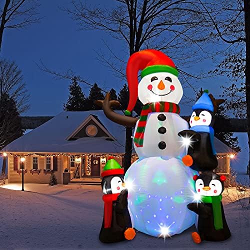 קישוטי איש שלג מתנפחים לחג המולד, 6ft מפוצצים קישוט חג המולד חיצוני עם דיסקו אורות LED מסתובבים פינגווינים חמודים מפוח אוויר לפסטיבל מסיבת