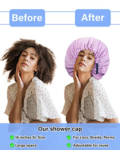 כובע מקלחת אקוויור, כובעי מקלחת מתכווננים במיוחד לנשים בשכבה כפולה עמיד למים כובע שיער לשימוש חוזר, מכסה שיער בגודל גדול לכל השיער, לבנות