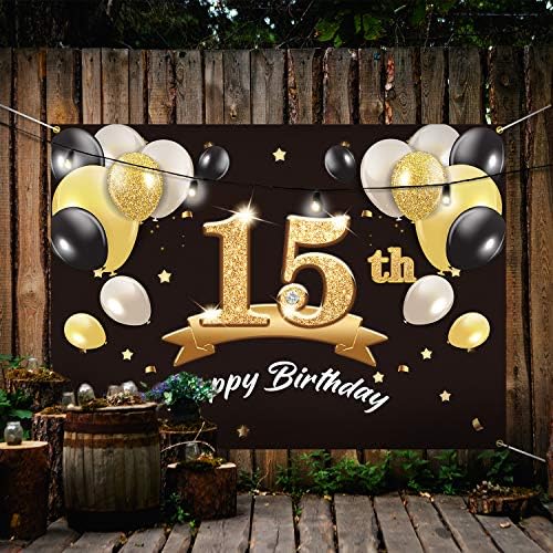 תפאורת באנר ליום הולדת 15 של פאקבום מאושרת - 15 קישוטים למסיבות יום הולדת אספקה ​​לבנים - זהב שחור 4 x 6ft